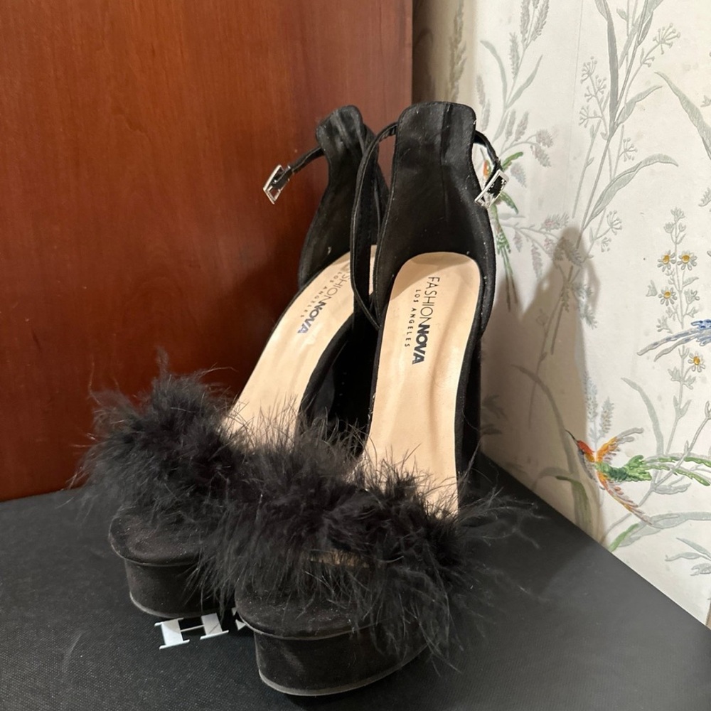 Black fuzzy heels